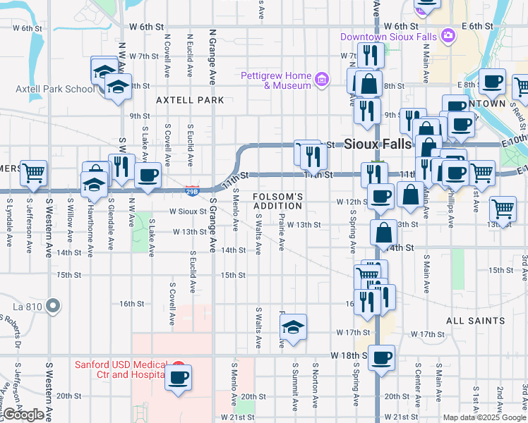 map of restaurants, bars, coffee shops, grocery stores, and more near 824 West 12th Street in Sioux Falls