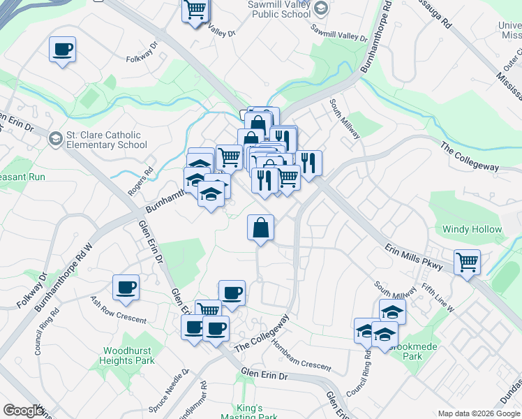 map of restaurants, bars, coffee shops, grocery stores, and more near 2227 South Millway in Mississauga