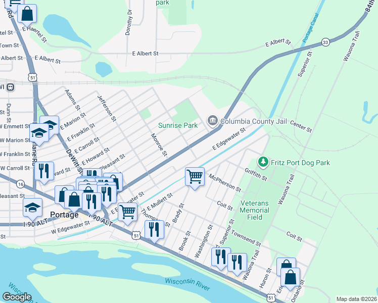 map of restaurants, bars, coffee shops, grocery stores, and more near 527 East Cook Street in Portage