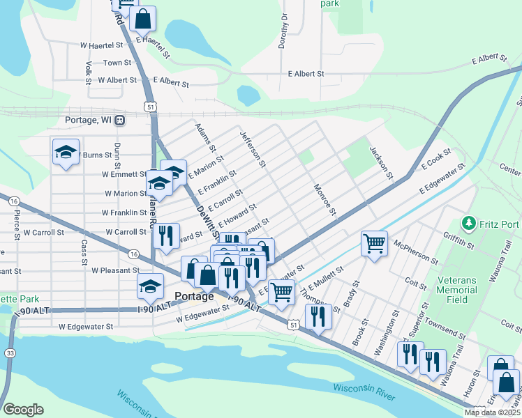 map of restaurants, bars, coffee shops, grocery stores, and more near 217 East Howard Street in Portage
