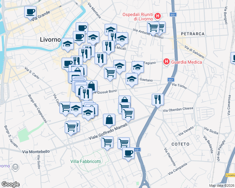 map of restaurants, bars, coffee shops, grocery stores, and more near 6 Via Pietro Coccoluto Ferrigni in Livorno