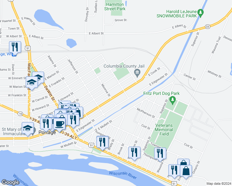 map of restaurants, bars, coffee shops, grocery stores, and more near 527 East Cook Street in Portage