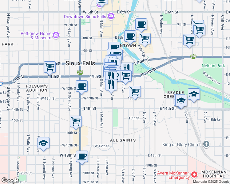 map of restaurants, bars, coffee shops, grocery stores, and more near 400 South Phillips Avenue in Sioux Falls