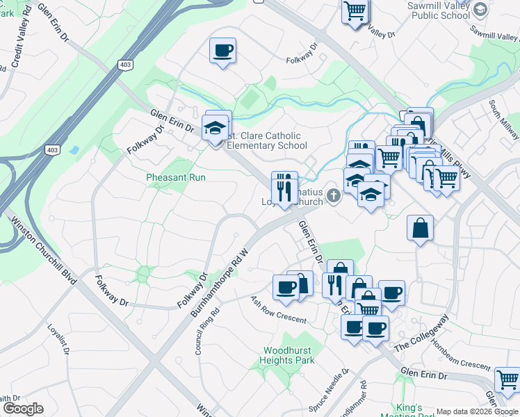 map of restaurants, bars, coffee shops, grocery stores, and more near 2707 Jerring Mews in Mississauga