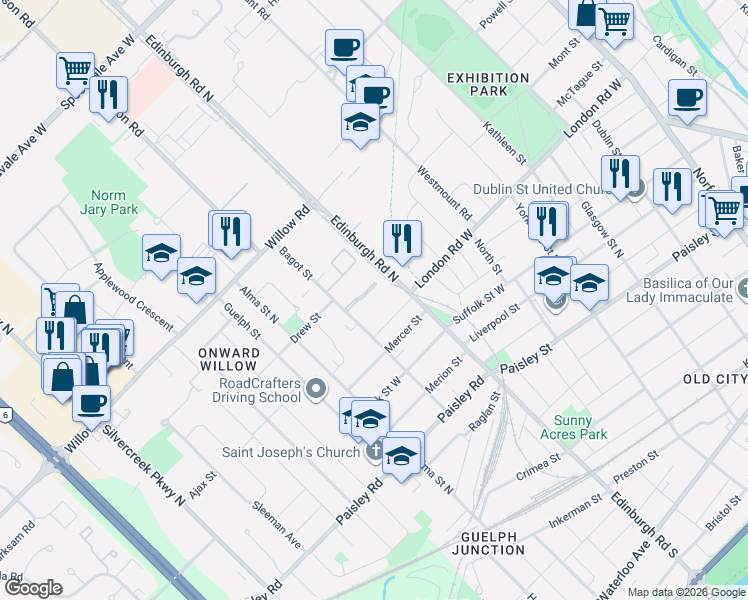 map of restaurants, bars, coffee shops, grocery stores, and more near in Guelph