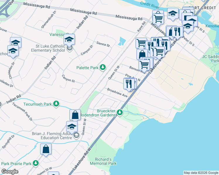 map of restaurants, bars, coffee shops, grocery stores, and more near 43 Broadview Avenue in Mississauga