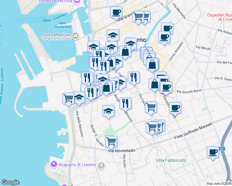 map of restaurants, bars, coffee shops, grocery stores, and more near 192 Corso Giuseppe Mazzini in Livorno