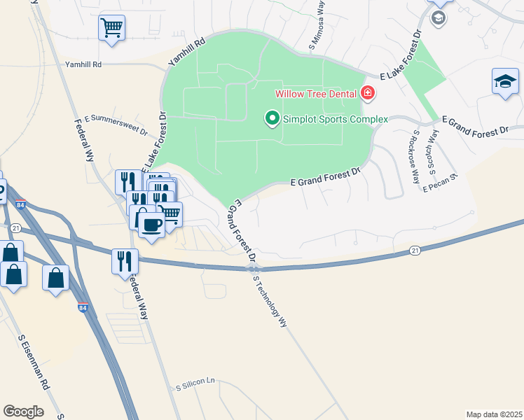 map of restaurants, bars, coffee shops, grocery stores, and more near 6449 South Honeylocust Place in Boise