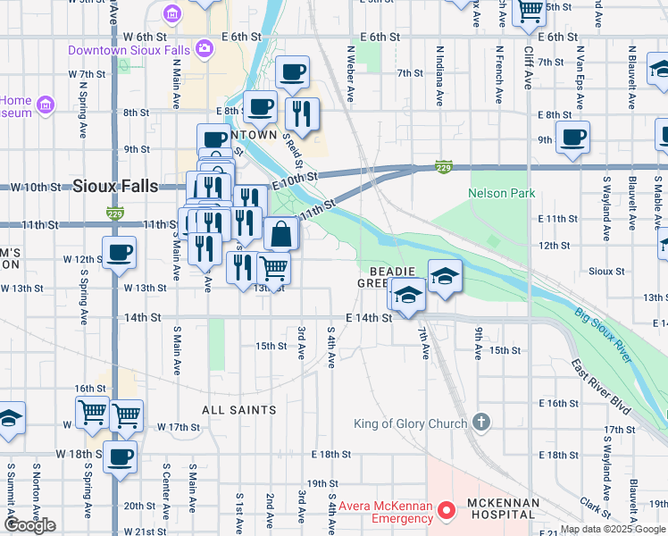 map of restaurants, bars, coffee shops, grocery stores, and more near 406 South 4th Avenue in Sioux Falls