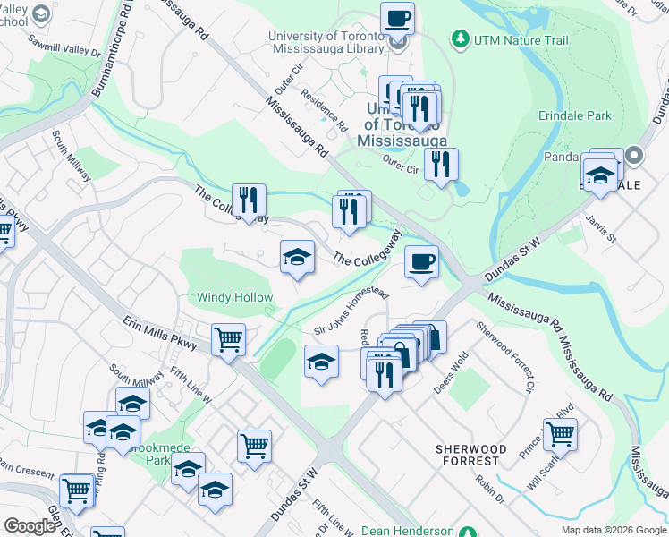 map of restaurants, bars, coffee shops, grocery stores, and more near 1700 The Collegeway in Mississauga