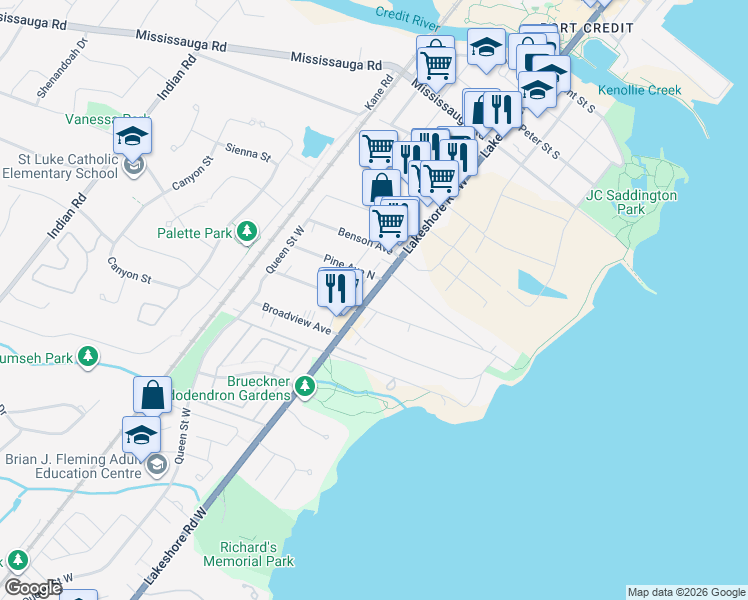 map of restaurants, bars, coffee shops, grocery stores, and more near 333 Lakeshore Road West in Mississauga