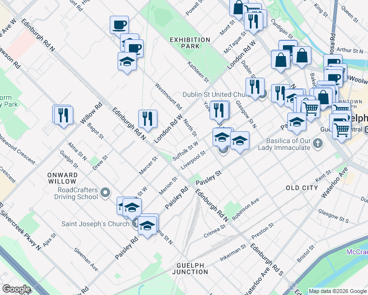 map of restaurants, bars, coffee shops, grocery stores, and more near 243 Suffolk Street West in Guelph