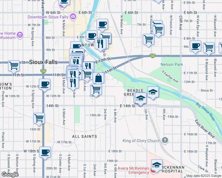 map of restaurants, bars, coffee shops, grocery stores, and more near 412 East 12th Street in Sioux Falls