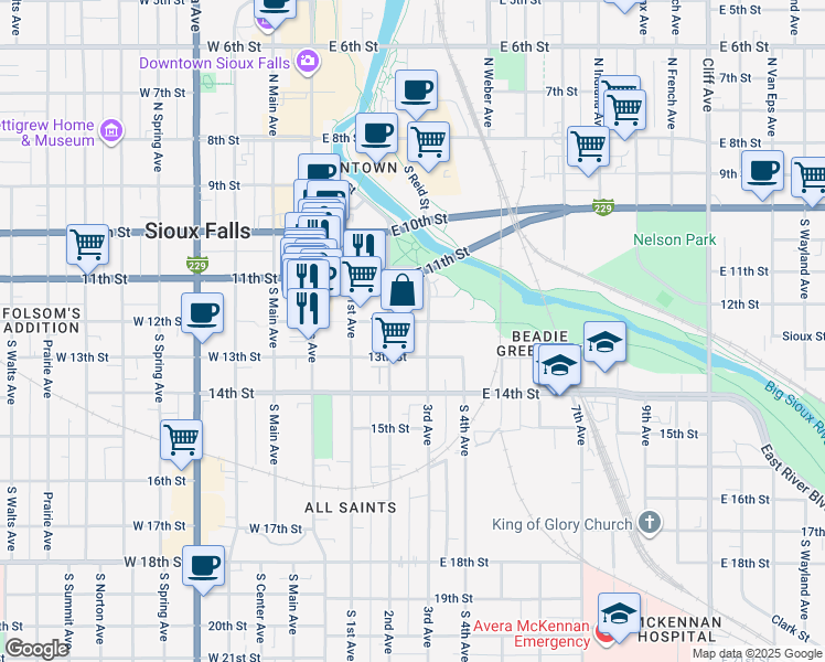 map of restaurants, bars, coffee shops, grocery stores, and more near 325 East 12th Street in Sioux Falls
