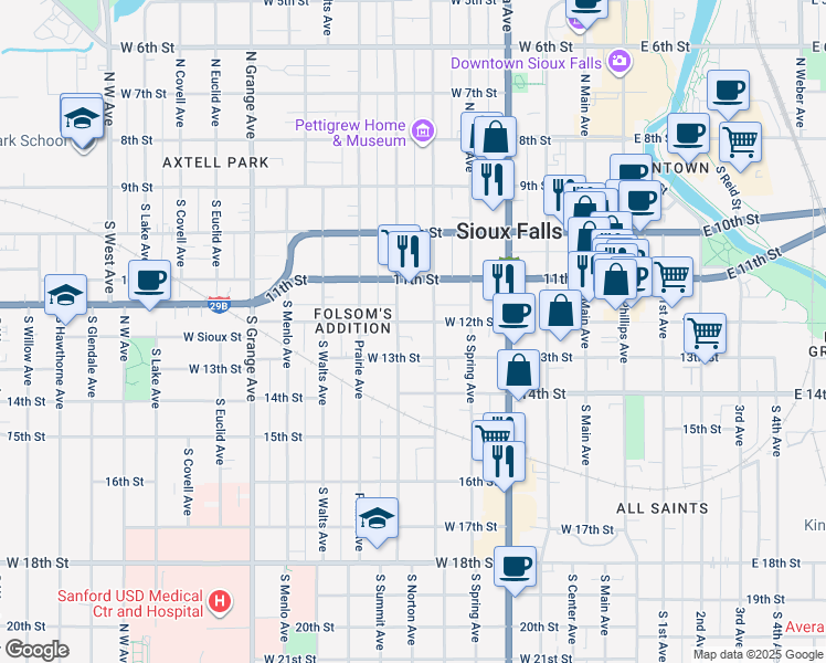 map of restaurants, bars, coffee shops, grocery stores, and more near 619 West 12th Street in Sioux Falls