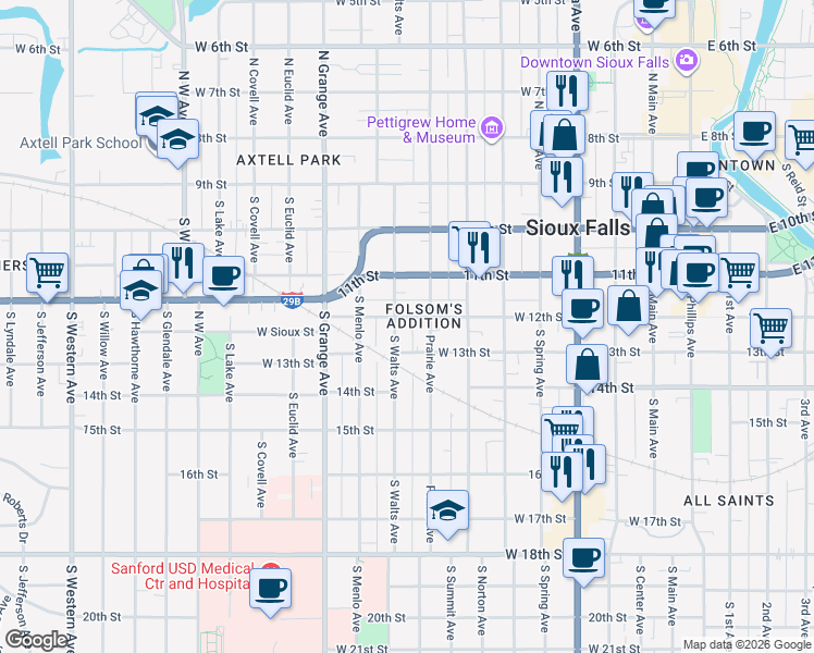 map of restaurants, bars, coffee shops, grocery stores, and more near 824 West 12th Street in Sioux Falls