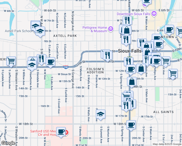 map of restaurants, bars, coffee shops, grocery stores, and more near 824 West 12th Street in Sioux Falls