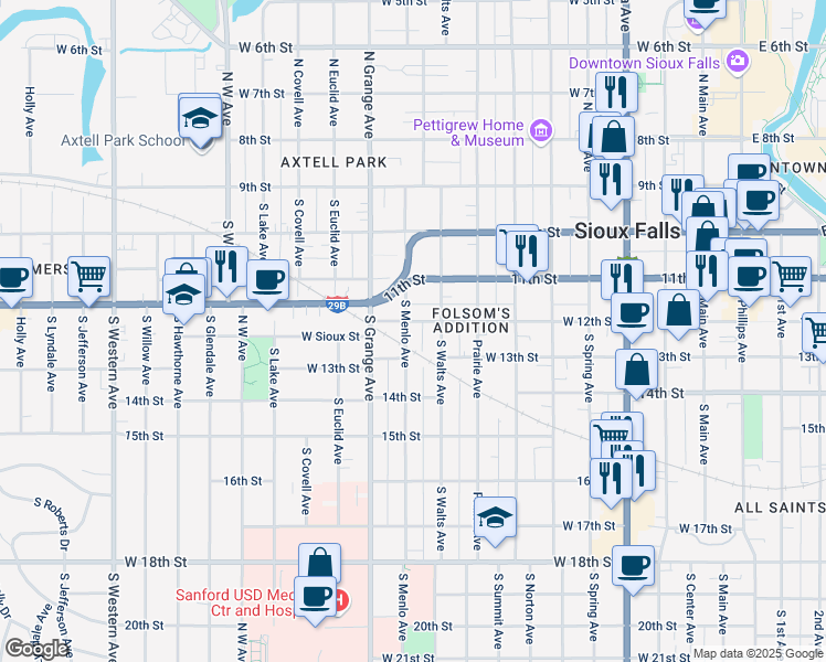 map of restaurants, bars, coffee shops, grocery stores, and more near 922 West 12th Street in Sioux Falls