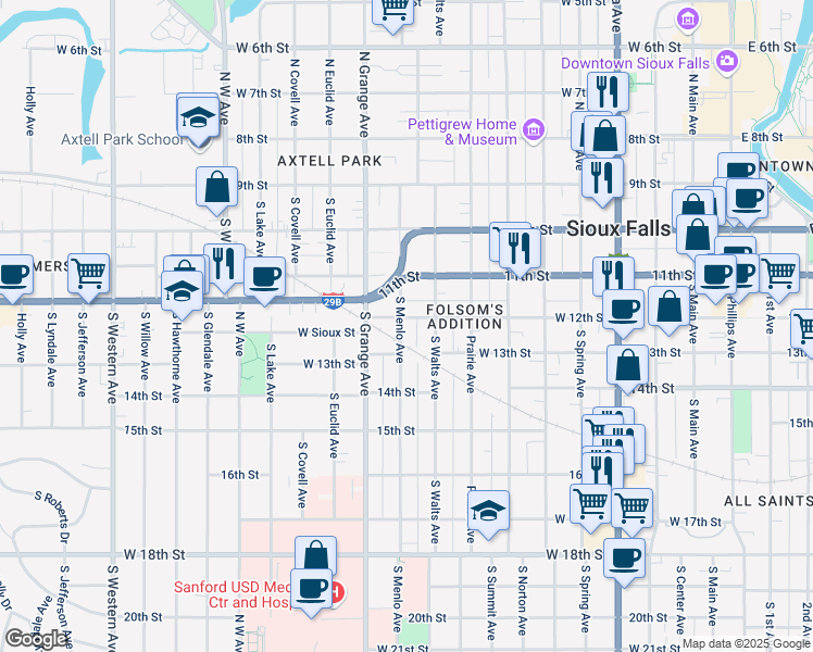 map of restaurants, bars, coffee shops, grocery stores, and more near 922 West 12th Street in Sioux Falls
