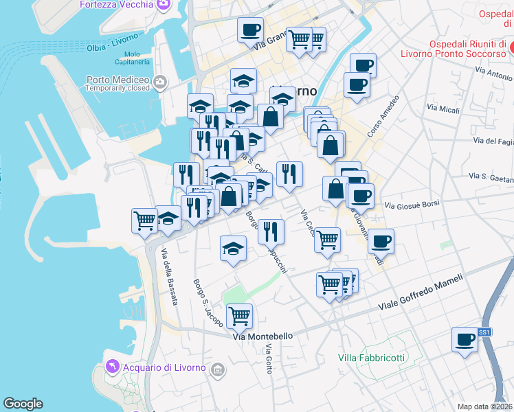 map of restaurants, bars, coffee shops, grocery stores, and more near 192 Corso Giuseppe Mazzini in Livorno