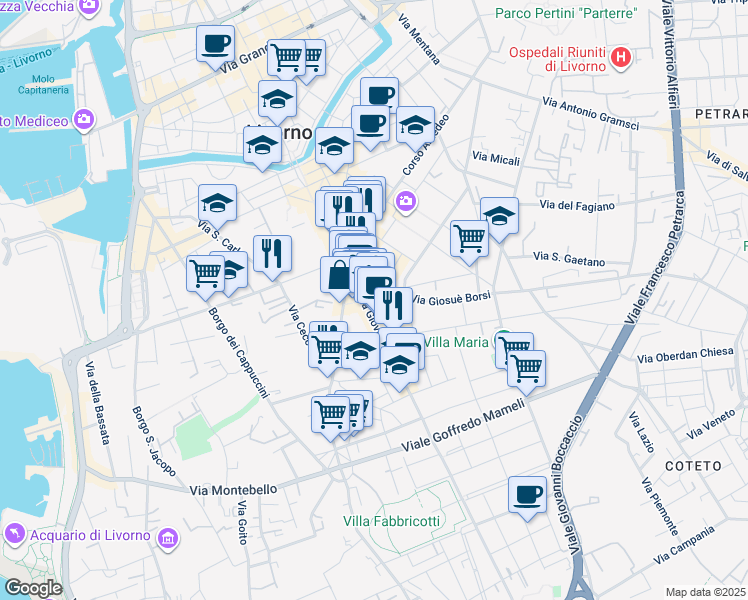 map of restaurants, bars, coffee shops, grocery stores, and more near 16 Via Leonardo Cambini in Livorno