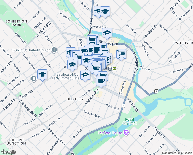 map of restaurants, bars, coffee shops, grocery stores, and more near 3 Macdonell Street in Guelph