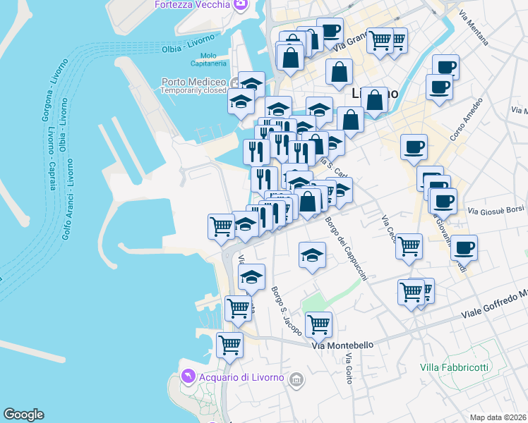 map of restaurants, bars, coffee shops, grocery stores, and more near 10 Via Tiberio Scali in Livorno