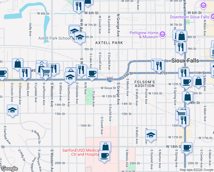 map of restaurants, bars, coffee shops, grocery stores, and more near 1216 West Sioux Street in Sioux Falls