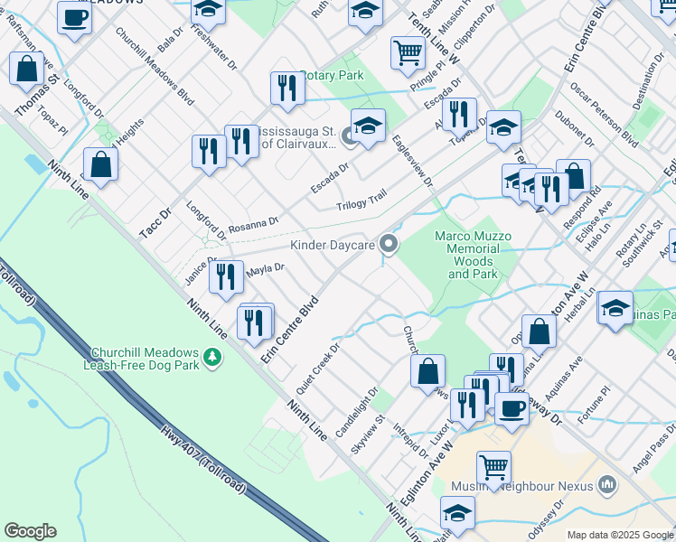 map of restaurants, bars, coffee shops, grocery stores, and more near Erin Centre Blvd & Churchill Meadows Blvd in Mississauga