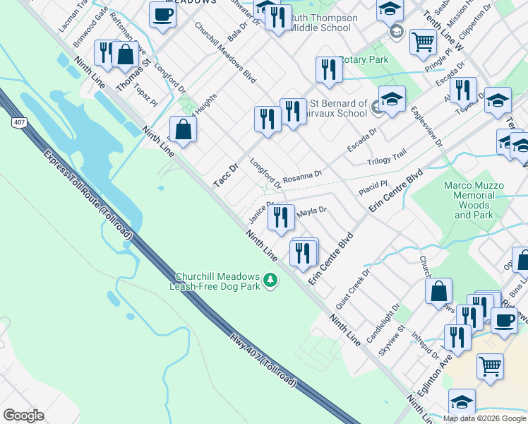 map of restaurants, bars, coffee shops, grocery stores, and more near 3964 Janice Drive in Mississauga