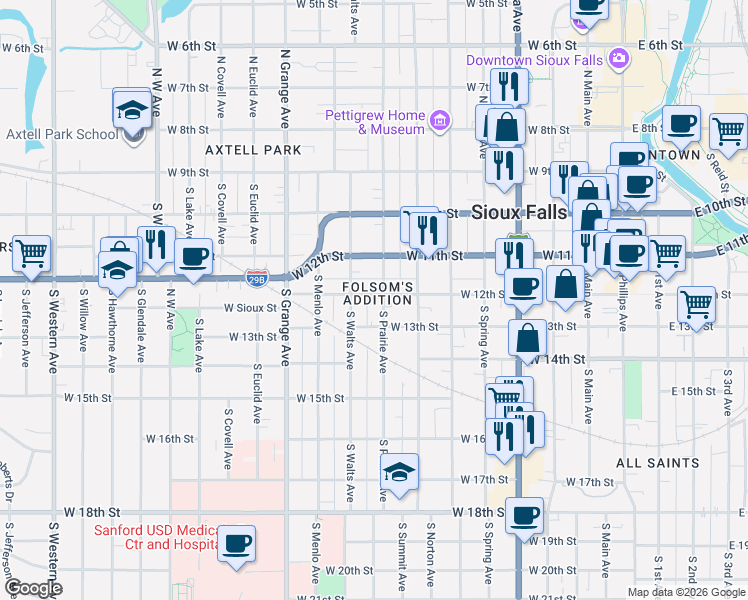 map of restaurants, bars, coffee shops, grocery stores, and more near 824 West 12th Street in Sioux Falls