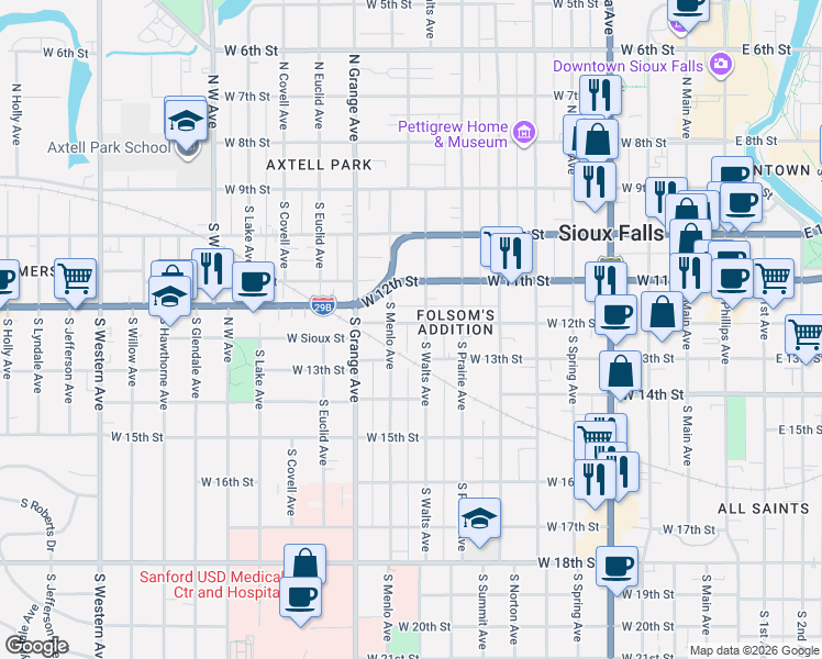 map of restaurants, bars, coffee shops, grocery stores, and more near 922 West 12th Street in Sioux Falls