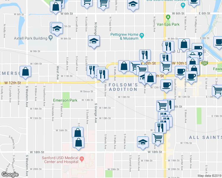 map of restaurants, bars, coffee shops, grocery stores, and more near 922 West 12th Street in Sioux Falls
