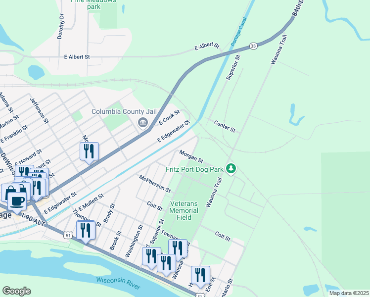 map of restaurants, bars, coffee shops, grocery stores, and more near 600 Morgan Street in Portage