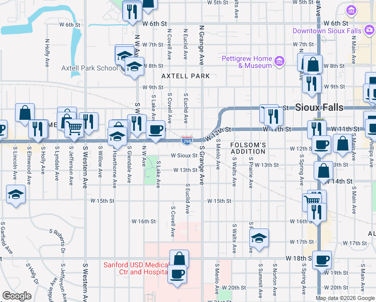 map of restaurants, bars, coffee shops, grocery stores, and more near 1130 West Sioux Street in Sioux Falls