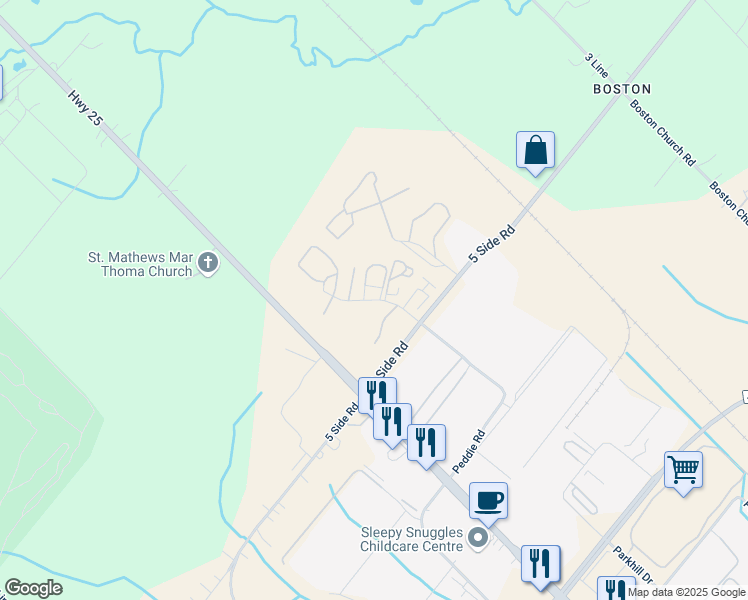map of restaurants, bars, coffee shops, grocery stores, and more near Mansewood Court in Acton