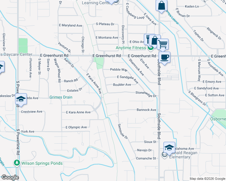 map of restaurants, bars, coffee shops, grocery stores, and more near 2624 South Stonehedge Drive in Nampa