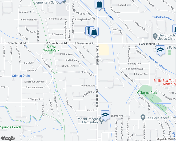 map of restaurants, bars, coffee shops, grocery stores, and more near 2672 South Stonehedge Drive in Nampa