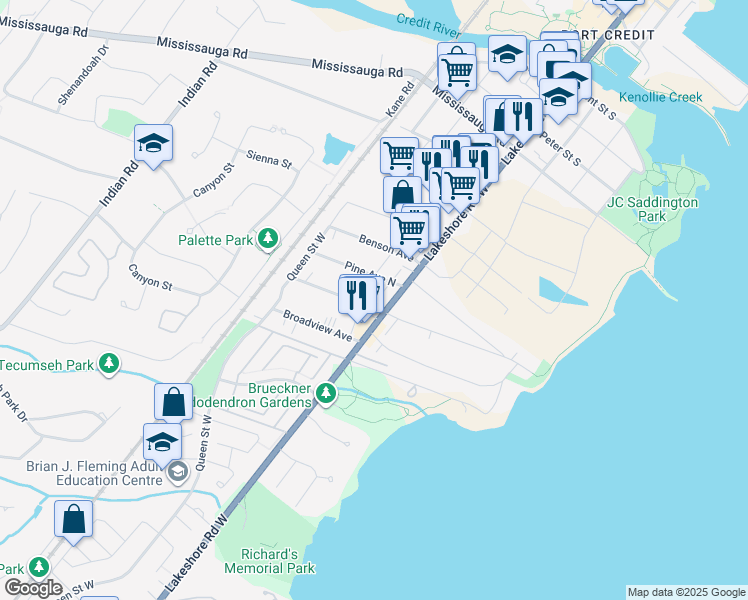 map of restaurants, bars, coffee shops, grocery stores, and more near 5 Maple Avenue North in Mississauga