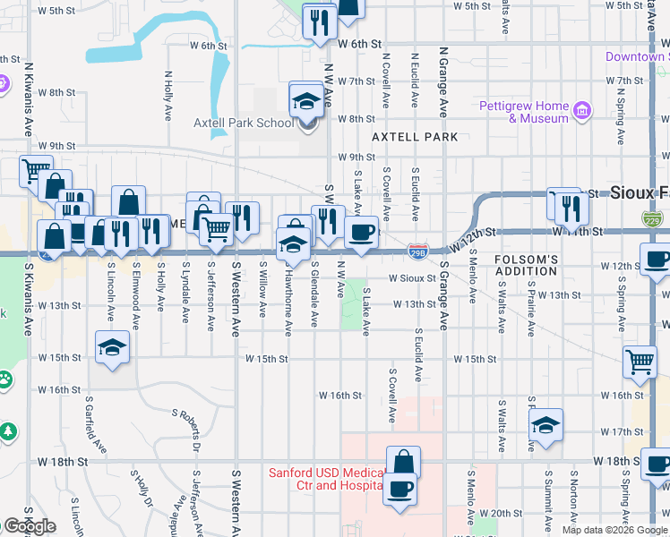 map of restaurants, bars, coffee shops, grocery stores, and more near 1507 West 12th Street in Sioux Falls