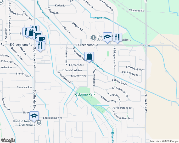 map of restaurants, bars, coffee shops, grocery stores, and more near 2600 South Royal Meadows Drive in Nampa