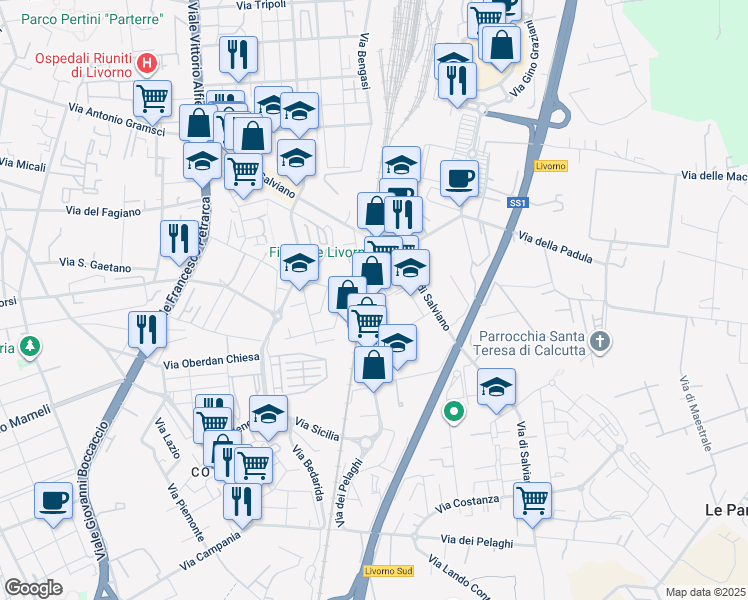 map of restaurants, bars, coffee shops, grocery stores, and more near 28 Via Cimarosa in Livorno