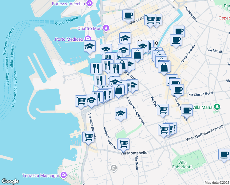 map of restaurants, bars, coffee shops, grocery stores, and more near 18 Via Carlo Bini in Livorno