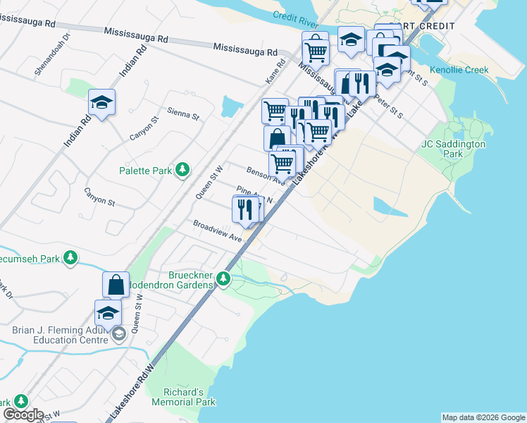 map of restaurants, bars, coffee shops, grocery stores, and more near 340 Lakeshore Road West in Mississauga