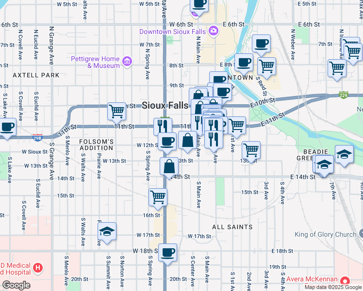 map of restaurants, bars, coffee shops, grocery stores, and more near 303 West 12th Street in Sioux Falls
