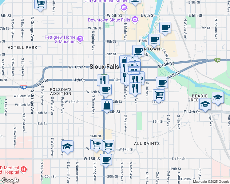 map of restaurants, bars, coffee shops, grocery stores, and more near 303 West 12th Street in Sioux Falls