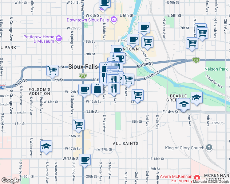 map of restaurants, bars, coffee shops, grocery stores, and more near S Phillips Ave & W 12th St in Sioux Falls
