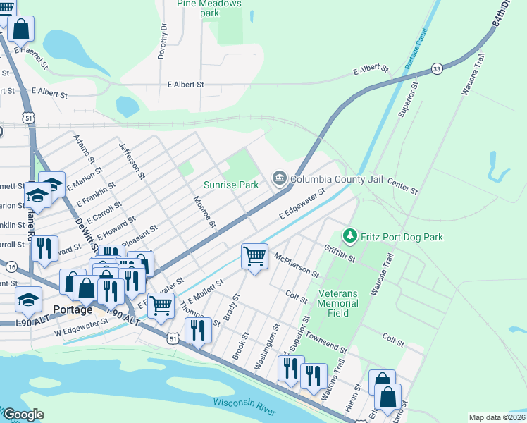 map of restaurants, bars, coffee shops, grocery stores, and more near 614 East Cook Street in Portage
