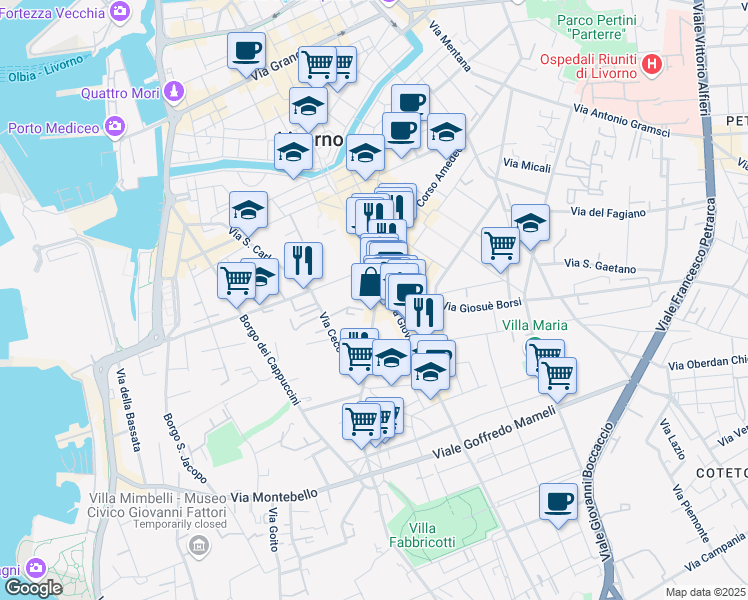map of restaurants, bars, coffee shops, grocery stores, and more near 52 Via Roma in Livorno