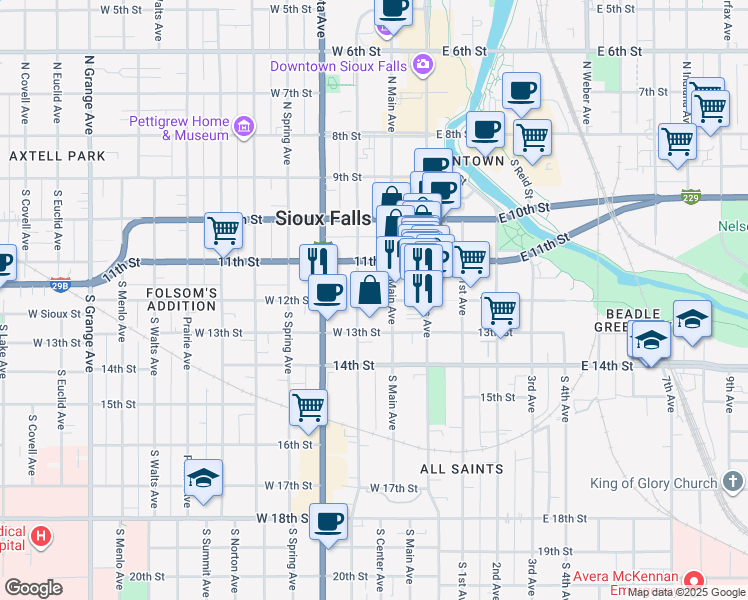 map of restaurants, bars, coffee shops, grocery stores, and more near 200 West 12th Street in Sioux Falls